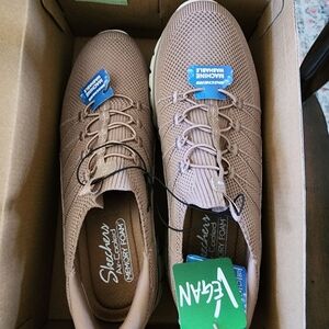 Skechers Womens Taupe Knit Slip-On Sneakers